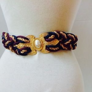 Vintage Blue Cording Belt Gold Faux Pearl Buckle